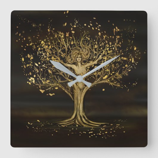 Golden Tree Goddess Vierkante Klok (Voorkant)