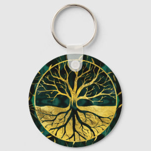 Golden Tree of Life Yggdrasil op Malachite Sleutelhanger