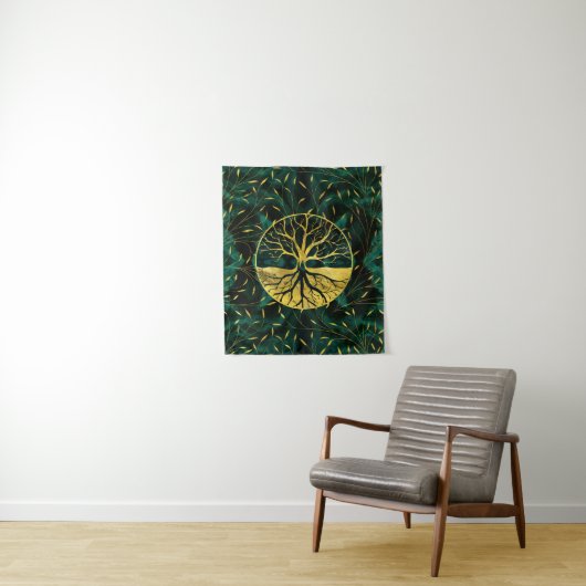 Golden Tree of Life Yggdrasil op Malachite Wandkleed (In situ)