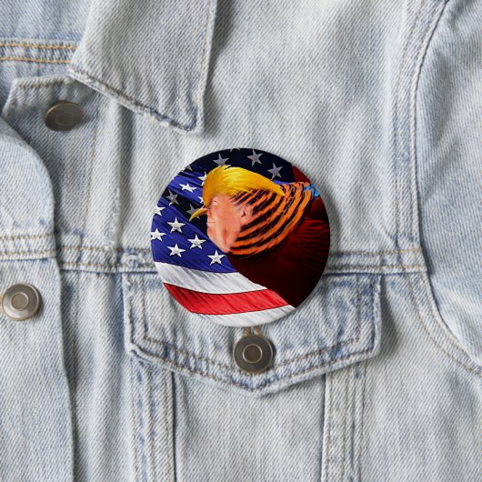 Golden Trump Bird USA Flag Round Pin Back Button (In situ)