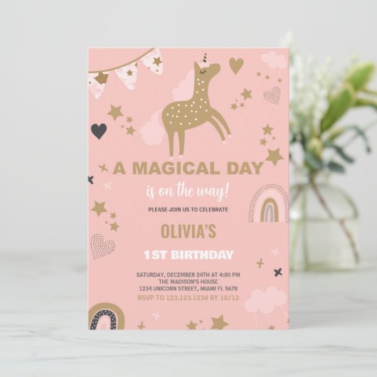 Golden Unicorn Birthday-uitnodigingen Kaart (Staand voorkant)