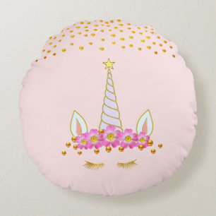 Golden Unicorn, Flowers & Gold Confetti op Roze Rond Kussen