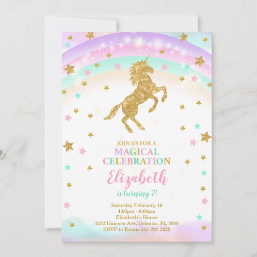 Golden Unicorn invitation avec Parties scintillant (Devant)