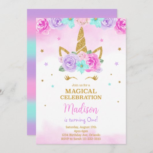 Golden Unicorn Invitation d'anniversaire (Devant / Derrière)