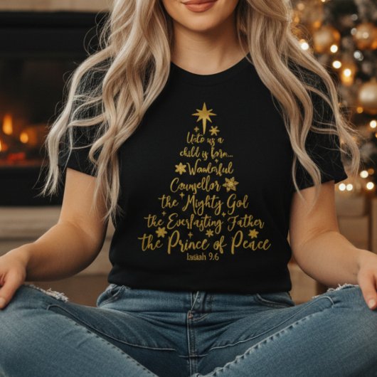 Golden “Unto Us A Child Is Born” Christmas Tree T-shirt