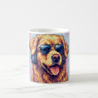 Golden Vibes Only – Chill Dog met hoofdtelefoon en Koffiemok