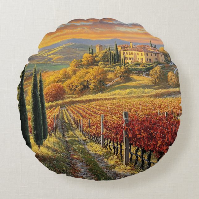 Golden Vineyard Path – Round Throw Pillow Rond Kussen (Voorkant)
