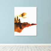 Golden Waterverf Mountains Moon Pine Trees Canvas Afdruk (Insitu (Houten vloer))