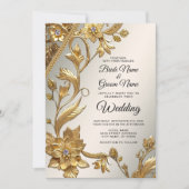 Golden Wavy Feuille Floral Faire-part de mariage (Devant)