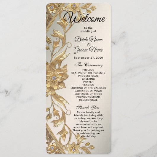 Golden Wavy Feuille Floral Wedding Programme (Devant)