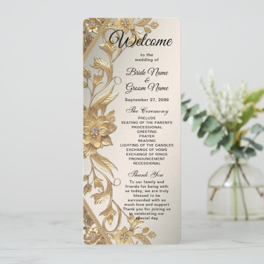 Golden Wavy Feuille Floral Wedding Programme (Debout devant)
