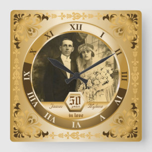 Golden Wedding Jubileum Foto Gift Vierkante Klok