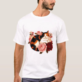 Golden Whiskers: Calico Cat in Rose Reverie T-shirt