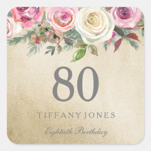 Golden White Rose Pink Floral 80th Birthday Vierkante Sticker