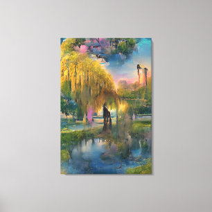 Golden Willow-boom op zonsondergang door de vijver Canvas Afdruk