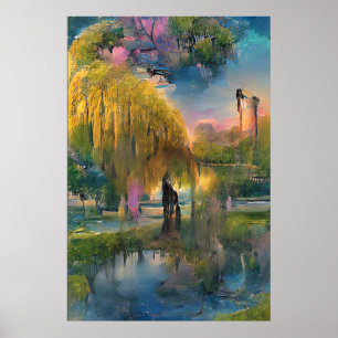 Golden Willow-boom op zonsondergang door de vijver Poster