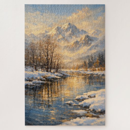 Golden Winter River Serenity – Oil Painting Puzzle (Vertical)