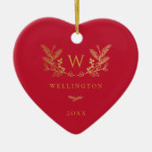 Golden Winter Sprigs Monogram Red Keramisch Ornament (Voorkant)