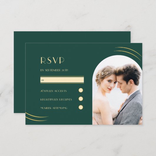Golden Wisps Emerald Green Photo Wedding RSVP Kaartje (Voorkant / Achterkant)