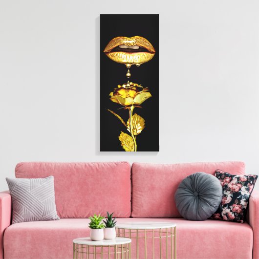 Golden womans Lips Dripping Liquid Gold Art  Canvas Afdruk (Insitu (Woonkamer))