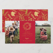 Golden Wreath Monogram Holiday 2 Carte photo Rouge (Devant / Derrière)