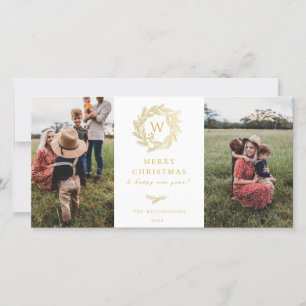 Golden Wreath Monogram Holiday 2 Fotokaart Feestdagenkaart