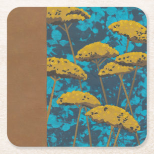 Golden Yarrow Garden met blauwe achtergrond Vierkante Kartonnen Onderzetter