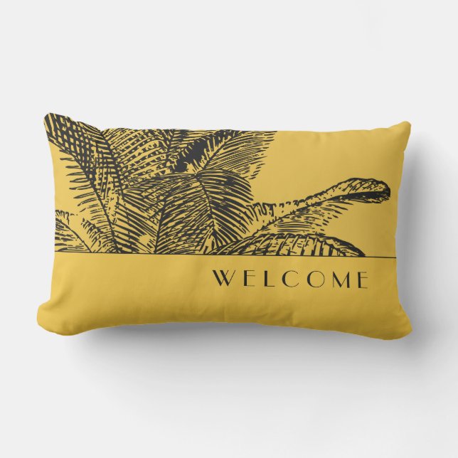 Golden Yellow & Black Tropical Palm Leaf | Welkom Buitenkussen (Voorkant)