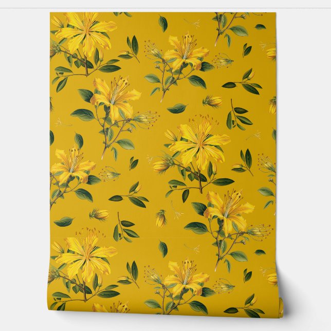 Golden Yellow Flowering Herbs Pattern Behang (Afrollen)