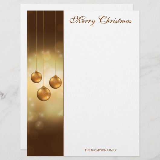 Golden Yellow Kerstkroonbobbels op Gele Bokeh Briefhoofd (Voorkant / Achterkant)