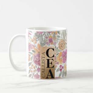 Golden Yellow Pink Floral Waterverf Monogram Koffiemok