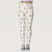Golden Yellow Winter Snowflake Pattern on White Leggings (Voorkant)