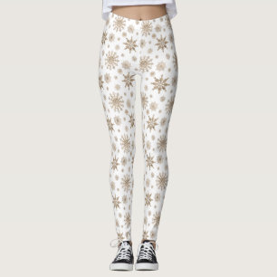 Golden Yellow Winter Snowflake Pattern on White Leggings