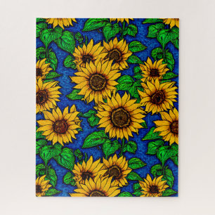 Golden zonnebloemen en bladeren op donkerblauw legpuzzel