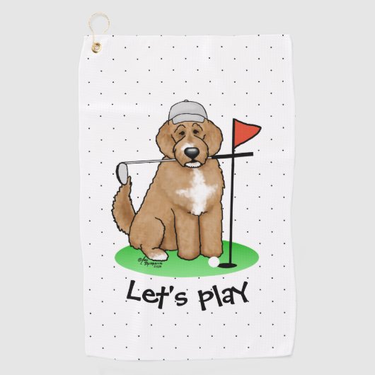 Goldendoedle Dog Play Golf (Red whmk2) Cute Fun Golfhanddoek (Voorkant)