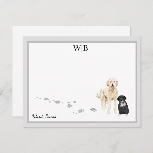 Goldendoedle en Friend Grey Border Monogram Name Notitiekaartje (Voorkant / Achterkant)