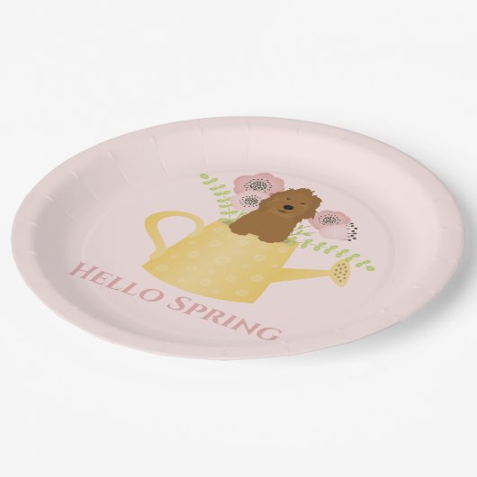 Goldendoedle in Watering Can Papieren Bordje (Gekanteld)