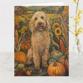Goldendoodle Dog Autumn Harvest Thanksgiving Kaart (Gele Bloem)