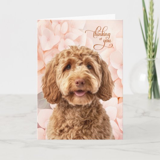 Goldendoodle Dog Peach Hydrangea Thinking of You Kaart (Voorkant)