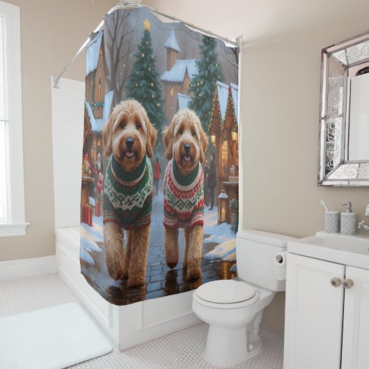 Goldendoodle Dogs Christmas Snow Holiday Douchegordijn (In situ)