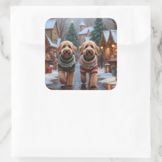 Goldendoodle Dogs Christmas Snow Holiday Vierkante Sticker (Tas)