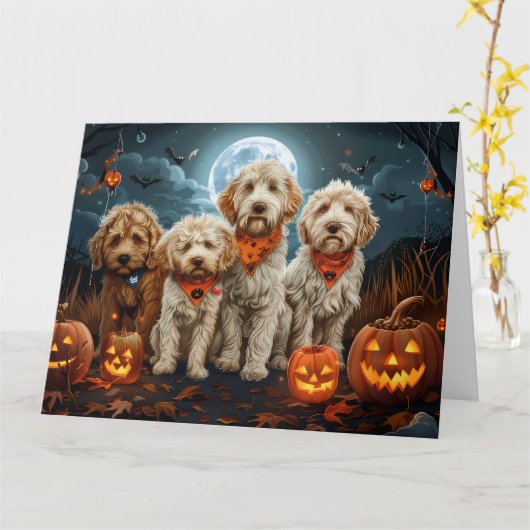 Goldendoodle Halloween Spooky Kaart (Gele Bloem)