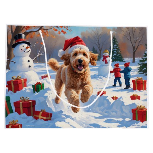 Goldendoodle Hardlopen in de sneeuw met kerst Pet Groot Cadeauzakje (Achterkant)