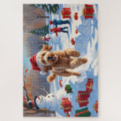 Goldendoodle Hardlopen in de sneeuw met kerst Pet Legpuzzel (Verticaal)