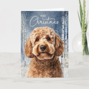 Goldendoodle-hond besneeuwd winterwoud Kerstmis Feestdagen Kaart