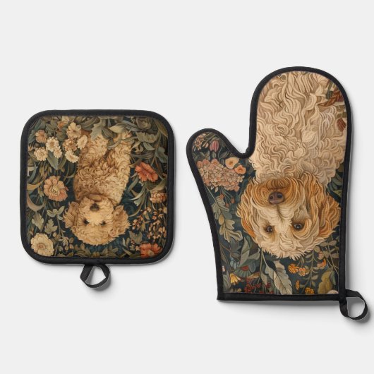 Goldendoodle hond en puppy bloementuin ovenwant & pannenlap set (Voorkant)