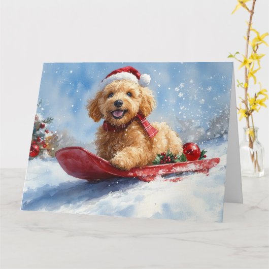Goldendoodle Hond in Sledge Laat het Sneeuw Kerstm Kaart (Gele Bloem)