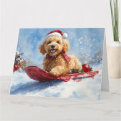 Goldendoodle Hond in Sledge Laat het Sneeuw Kerstm Kaart (Voorkant)
