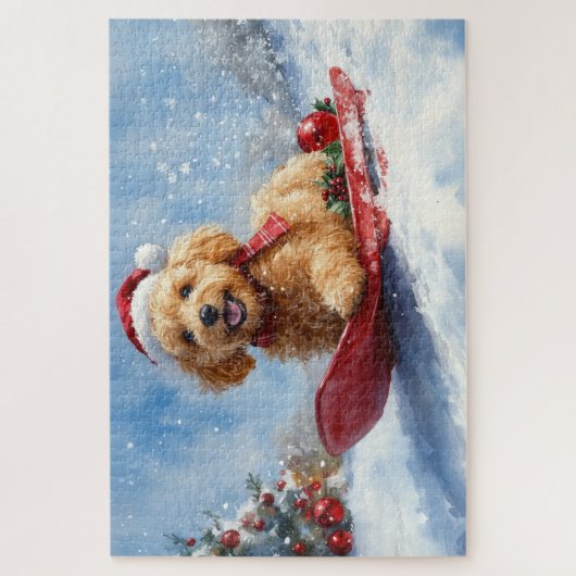 Goldendoodle Hond in Sledge Laat het Sneeuw Kerstm Legpuzzel (Verticaal)