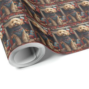 Goldendoodle-hond met kerstcadeaus open haard cadeaupapier
